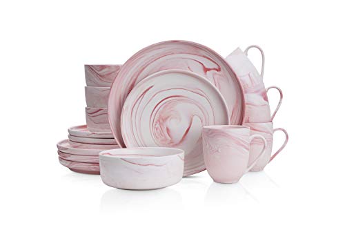 Stone Lain Marble Fine China Dinnerware Set, 16 Piece Service for 4, Matte Pink