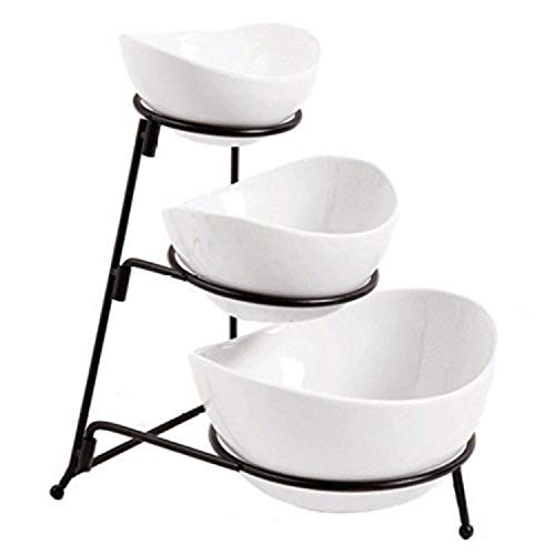 3 Tier Oval Bowl Set with Collapsible Thicker Sturdier Metal Rack, White Party Food Server Display Set - Tiered Serving Stand - Three Ceramic Fruit Bowl Serving - Dessert Appetizer Cake Candy Chip Dip