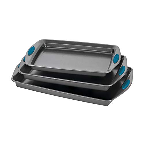 Rachael Ray 47425 Bakeware Nonstick Cookie Pan Set, 3-Piece, Gray with Marine Blue Grips