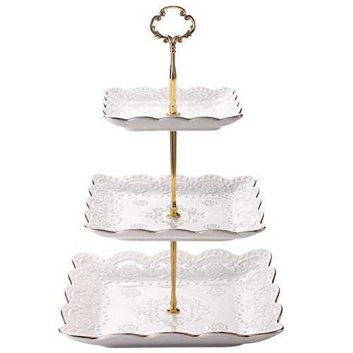 Sumerflos 3-Tier Square Porcelain Cake Stand, White Rimmed with Gold Embossed Cupcake Dessert Stand - Tiered Serving Tray for Tea Party and Baby Shower