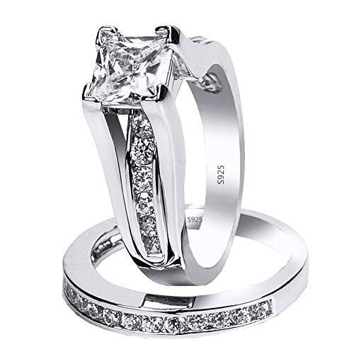 MABELLA 925 Sterling Silver Cubic Zirconia Princess Cut Women's Wedding Engagement Bridal Ring Set Size 9