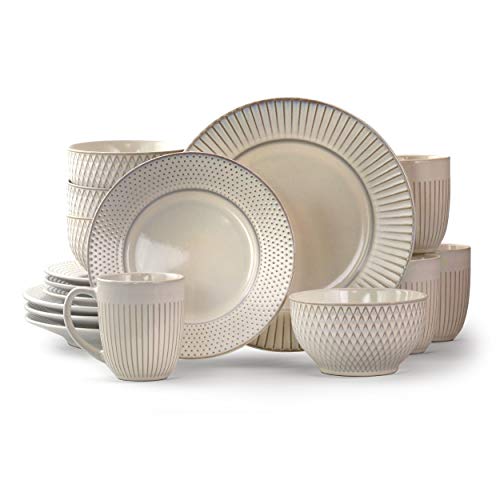 Elama Contemporary Round Embossed Stoneware Dinnerware Dish Set, 16 Piece, White