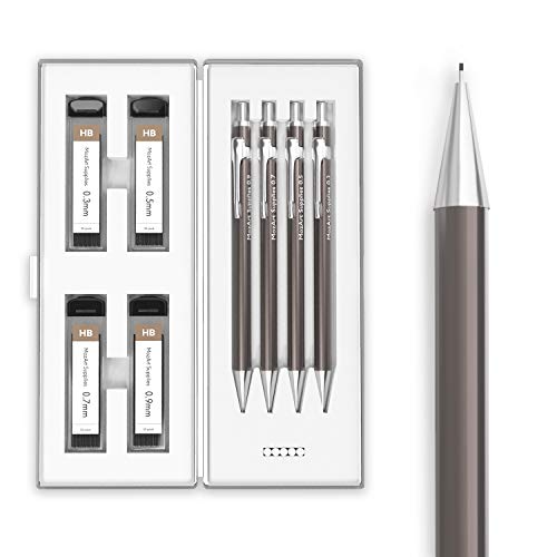 Mechanical Pencil Set with Case - 4 Sizes: 0.3, 0.5, 0.7 & 0.9 mm, 30 HB Lead refills each & 4 Eraser Refills - Drafting, Sketching, Illustrations, Architecture (Metal) - MozArt Supplies