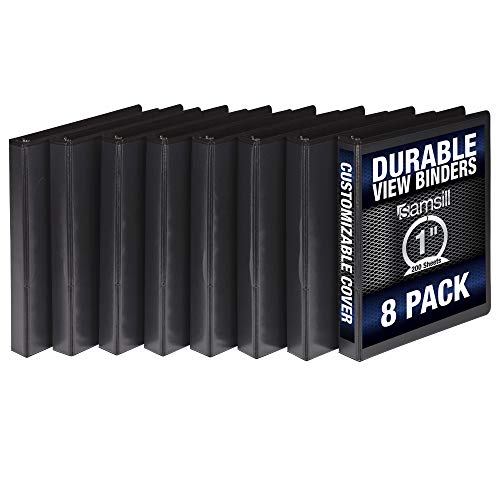 Samsill S88430 3 Ring Durable View Binders - 8 Pack, 1 Inch Round Ring , Non-Stick Customizable Clear Cover, Black