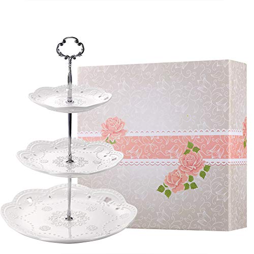 BonNoces 3-Tier Porcelain Embossed Cake Stand - Pure White Elegant Dessert Cupcake Stand - Pastry Serving Tray Platter for Tea Party, Wedding and Birthday