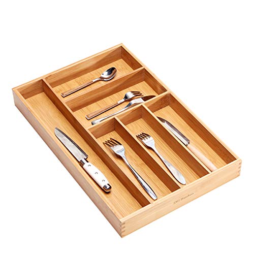 Kitchen Utensil Silverware Drawer Organizer - Bamboo Large Flatware Cutlery Tray with 6 Compartment Dividers for ALL SIZE Forks Knives and Spoons