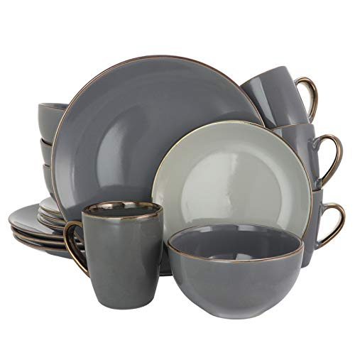 Elama Round Stoneware Grand Collection Dinnerware Dish Set, 16 Piece, Assorted Solid Gray