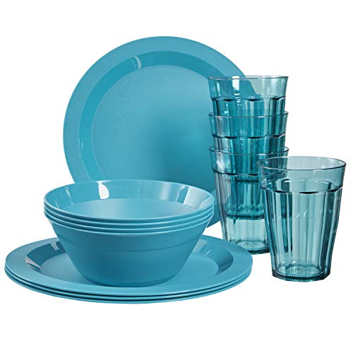 Cambridge Plastic Plate, Bowl and Tumbler Dinnerware | 12-piece set Teal