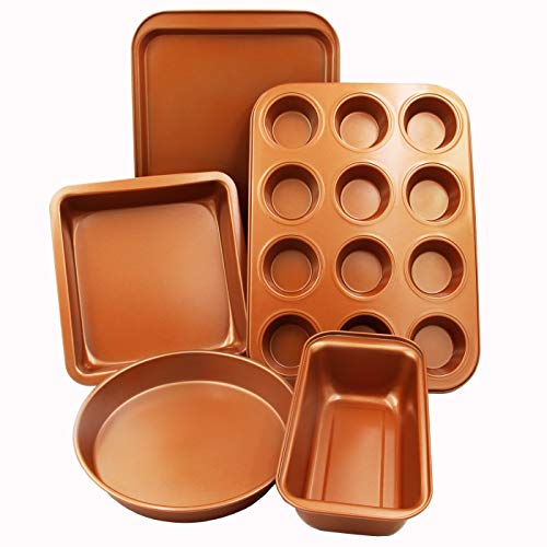 CopperKitchen Baking Pans 5 pcs Bakeware Set. Toxic Free Environmentally Friendly Nonstick. Muffin Loaf Square Sheet Round Pan