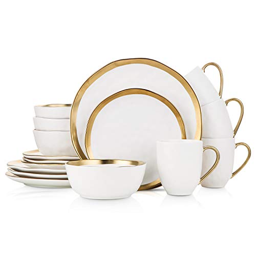 Stone Lain Gold Halo Porcelain Dinnerware Set, Service For 4, White