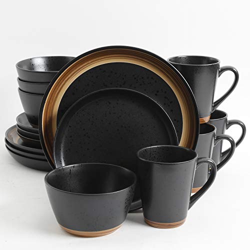 Gibson Tosca Woodlands 16 pc Black Dinnerware Set, with with brown woodlook, trim stoneware