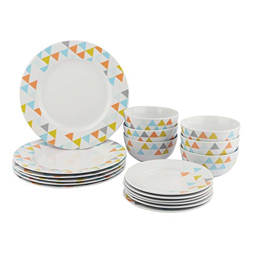AmazonBasics 18-Piece Kitchen Dinnerware Set, Plates, Dishes, Bowls, Service for 6, Bright Pyramid