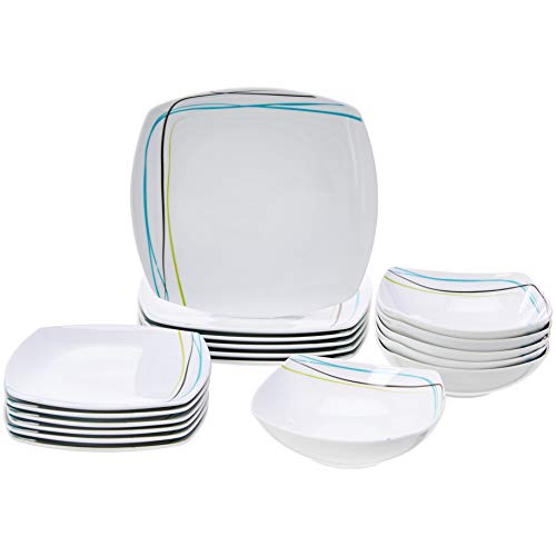 AmazonBasics 18-Piece Square Kitchen Dinnerware Set, Dishes, Bowls, Service for 6, Soft Lines