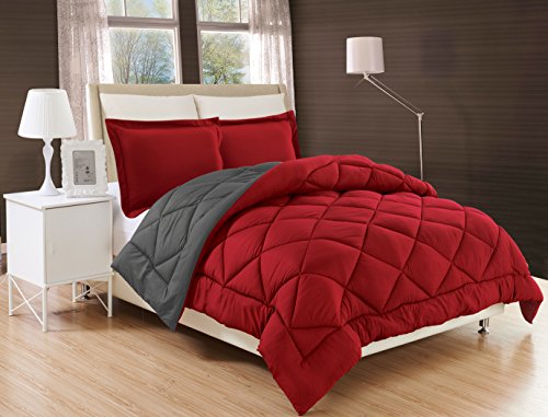 Elegant Comfort All Season Comforter and Year Round Medium Weight Super Soft Down Alternative Reversible 2-Piece Comforter Set, Twin/Twin XL, Burgundy/Grey