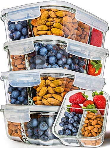 Prep Naturals Glass Meal Prep Containers 3 Compartment 5 Pack - Bento Box Containers Glass Food Storage Containers with Lids - Food Prep Containers Glass Storage Containers with Lids Lunch Containers
