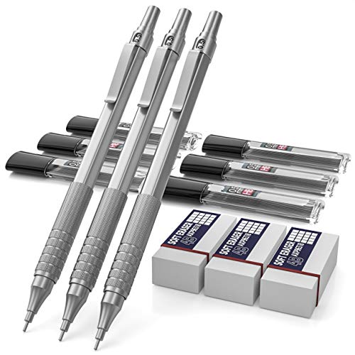 Nicpro 0.5 mm Mechanical Pencils Set,3 PCS Metal Automatic Artist Pencil With 6 Tubes HB Pencil Leads And 3 Erasers For Writing Drafting, Drawing, Sketching-Come With Case