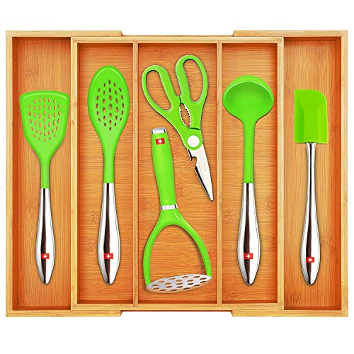 Bamboo Kitchen Drawer Organizer - Expandable Silverware Organizer/Utensil Holder and Cutlery Tray with Grooved Drawer Dividers for Flatware and Kitchen Utensils (5 Slots, Natural)