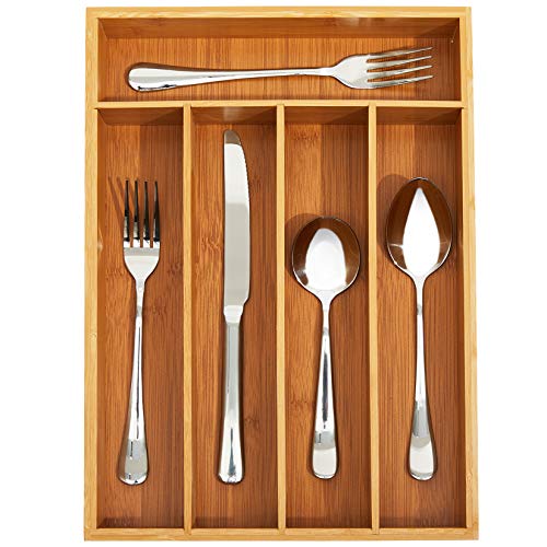 Diahom Silverware Drawer Organizer Bamboo Utensil Cutlery Tray Dividers 5 Compartments Kitchen Hardware Flatware Storage
