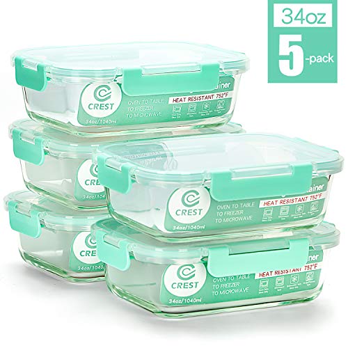 [5-Pack,34Oz] Glass Containers for Meal Prepping - Food Storage Containers with Locking Lids - Glass Food Storage Containers for kitchen use - Glass Meal Prep Containers
