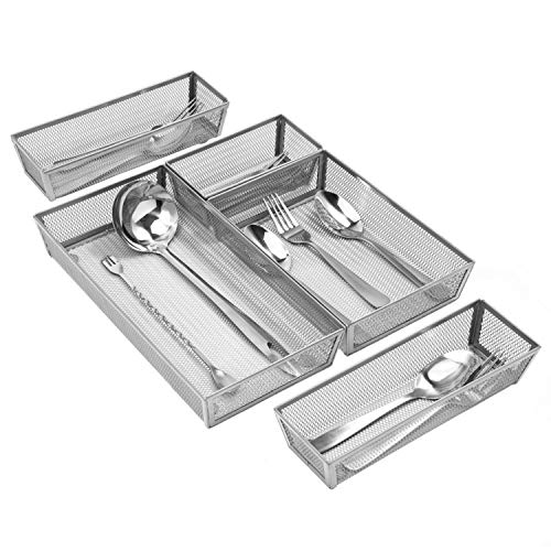 Silverware Drawer Organizer Mesh, Kitchen 5 Compartments Mesh Cutlery Trays, Silverware Storage Kitchen Utensil Flatware Tray With Anti-Slip Mats