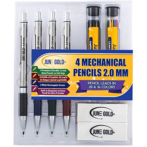 June Gold 4 Premium 2.0 mm 2B Mechanical Pencils, 36 2B Lead Refills, 36 Uniquely Colored Lead Refills, 2 Smudge Resistant Erasers, Built in Sharpeners & Soft Non-Slip Grip on Each Pencil