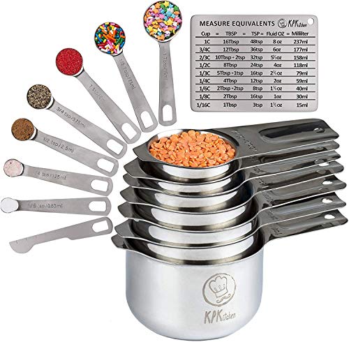 Stainless Steel Measuring Cups and Spoons Set: 7 Cup and 7 Spoon Metal Measure Sets of 14 Piece for Dry & Liquid Measurement - Kitchen Gadgets & Utensils for Cooking Food & Baking - Best for Nesting