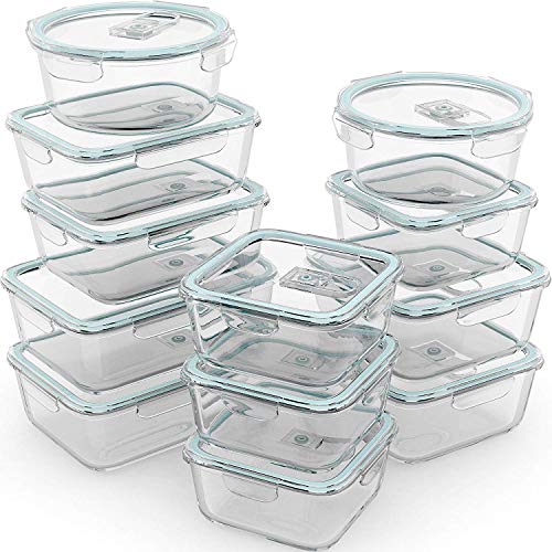 Razab 24 Pc Glass Food Storage Containers Airtight Lids Microwave/Oven/Freezer & Dishwasher Safe - Steam Release Valve BPA/ PVC-Free -Small & Large Reusable Round, Square & Rectangle Bento Containers