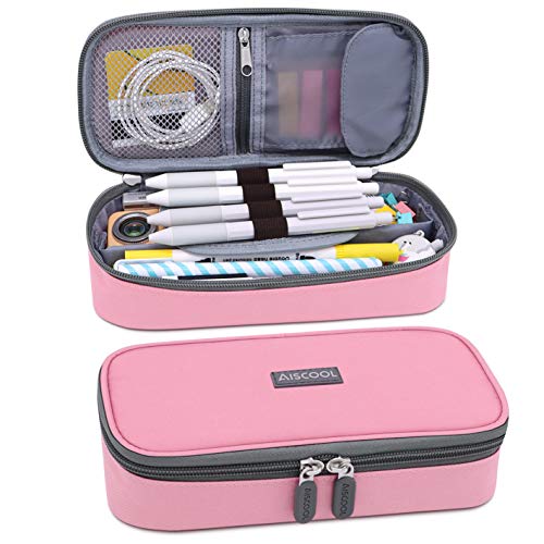 Aiscool Big Capacity Pencil Case Holder Canvas Bag Pen Organizer Pouch Stationery Box for School Supplies Office Stuff (Pink)