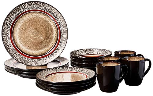 American Atelier Markham Square Casual Round Dinnerware Set – 16-Piece Stoneware Party Collection w/ 4 Dinner Salad Plates, 4 Bowls & 4 Mugs – Unique Gift Idea, 11x11x4, Brown