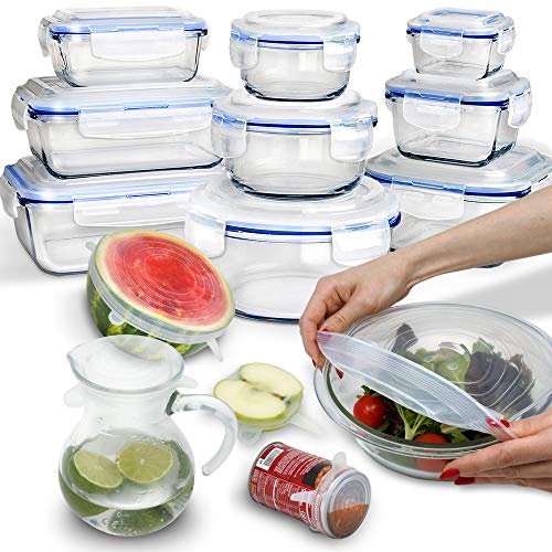 24 Piece Glass Food Storage Containers with Lids + Microwave Covers, BPA-Free, 100% Leak-proof and Airtight, Meal Prep, Oven/Dishwasher/Microwave/Freezer Safe