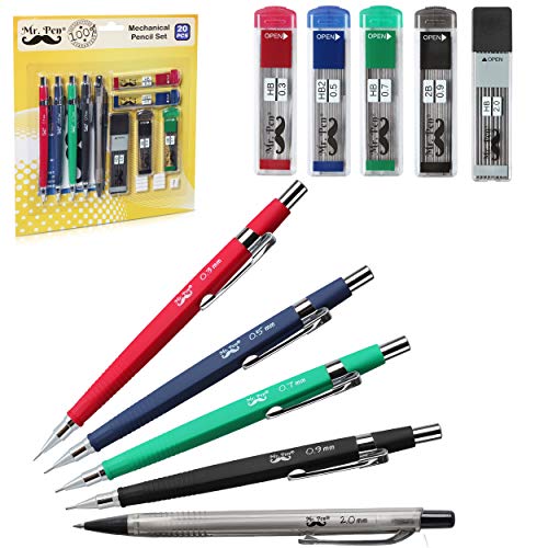 Mr. Pen Mechanical Pencil Set with Lead and Eraser Refills, 5 Sizes - 0.3, 0.5, 0.7, 0.9 and 2 Millimeters, Drafting, Sketching, Illustrations, Architecture and Drawing