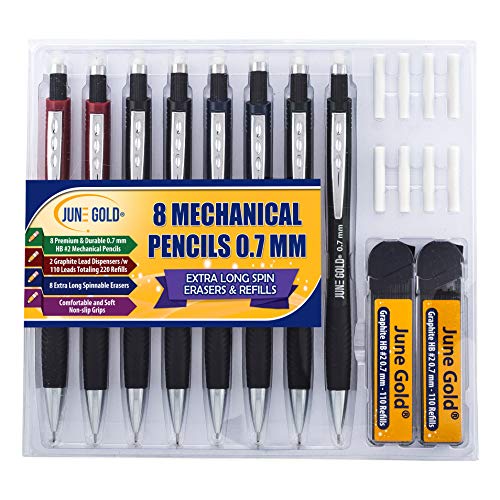 June Gold 8 Pack 0.7 mm HB #2 Mechanical Pencils, Extra Long Spin Eraser, 2 Lead Dispensers/w 220 Refills & 8 Refill Erasers, Break Resistant Lead, Soft Non-Slip Grip