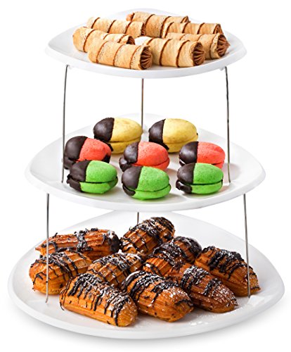 Collapsible Party Tray, 3 Tier - The Decorative Plastic Appetizer Trays Twist Down and Fold Inside for Minimal Storage Space. An Elegant Tray for Serving Sandwiches, Cake, Sliced Cheese and Deli Meat.