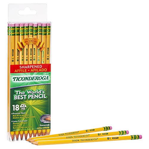 TICONDEROGA Pencils, Wood-Cased, Pre-Sharpened, Graphite #2 HB Soft, Yellow, 18-Pack (13818)