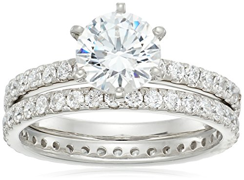 Platinum-Plated Sterling Silver Round Ring Set made with Swarovski Zirconia (1 Carat Center Stone), Size 9