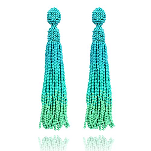 Turquoise Long Beaded Tassel Drop Dangle Fringe Bohemian Stud Earrings for Women Girls