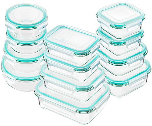 Bayco Glass Food Storage Containers with Lids, [24 Piece] Glass Meal Prep Containers, Airtight Glass Bento Boxes, BPA Free & Leak Proof (12 lids & 12 Containers) - Blue