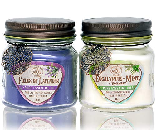 Way Out West Aromatherapy Scented Candles Gift Set - Stress Relief & Energy Jar Candles with 100% Natural Essential Oils Lavender & Eucalyptus Spearmint - Long Burning Soy Wax Candle - USA Made