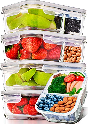 Prep Naturals Glass Meal Prep Containers Glass 2 Compartment 5 Pack - Glass Food Storage Containers - Glass Storage Containers with Lids - Divided Glass Cupcake Carriers 29 Ounce