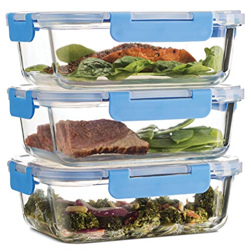 Superior Glass Meal Prep Containers - 3-pack (35oz) Newly Innovated Hinged BPA-free Locking lids - 100% Leak Proof Glass Food Storage Containers, Great on-the-go, Freezer to Oven Safe Lunch Containers