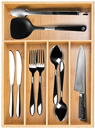 Bamboo Silverware Utensil Drawer Organizer, Flatware Cutlery Drawer Organizer Silverware Tray for Kitchen Spoons Forks Knives (Natural)