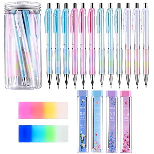 Mechanical Pencil Set Assorted 12 Pieces Mechanical Pencils, 4 Tubes of Pencil Lead 0.9 mm Refills, 2 Pieces Erasers with Clear Plastic Bottle (Set 1)