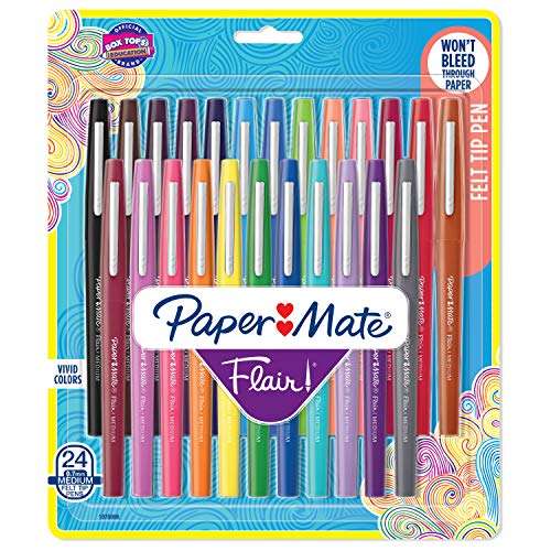 Paper Mate Flair Felt Tip Pens, Medium Point (0.7mm), Assorted Colors, 24 Count