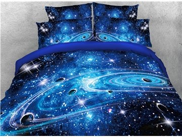3D Universe Planet Galaxy 4Pcs Navy Blue Bedding Sets Duvet Cover Set with Zipper Ties